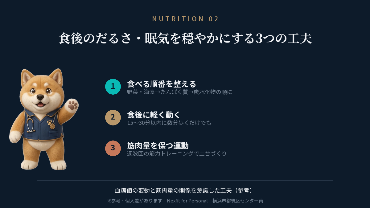 食後の血糖値の変動を穏やかにするための3つの工夫を示した図解