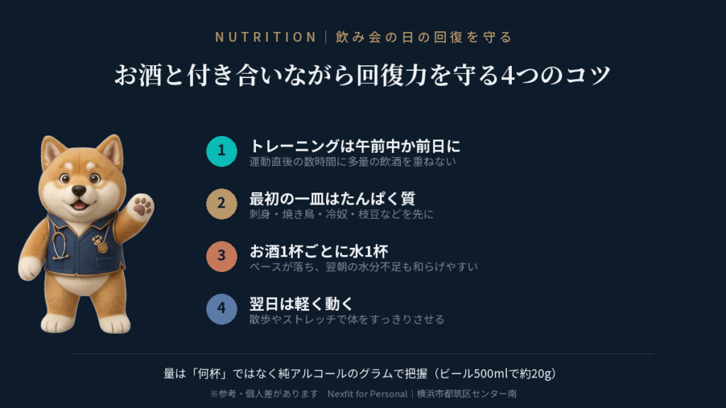 お酒と筋肉の関係｜飲み会が続く40代が「回復力」を守る飲み方・食べ方